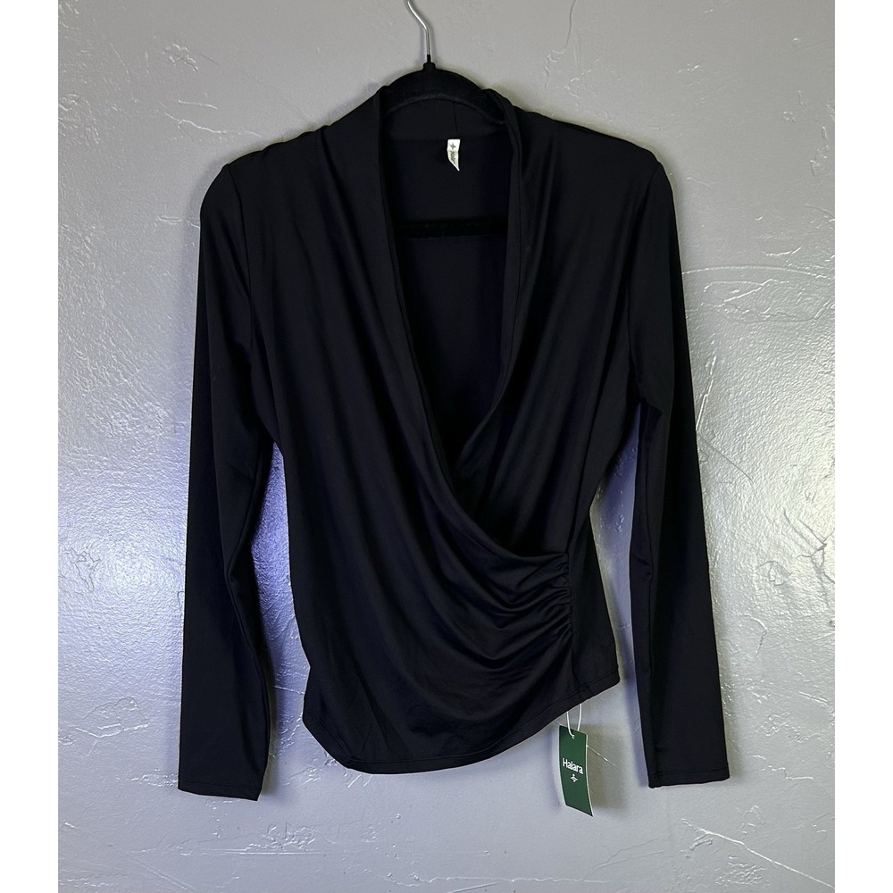 Halara V-Neck Long Sleeve Crossover Ruched Work Top black New Size M